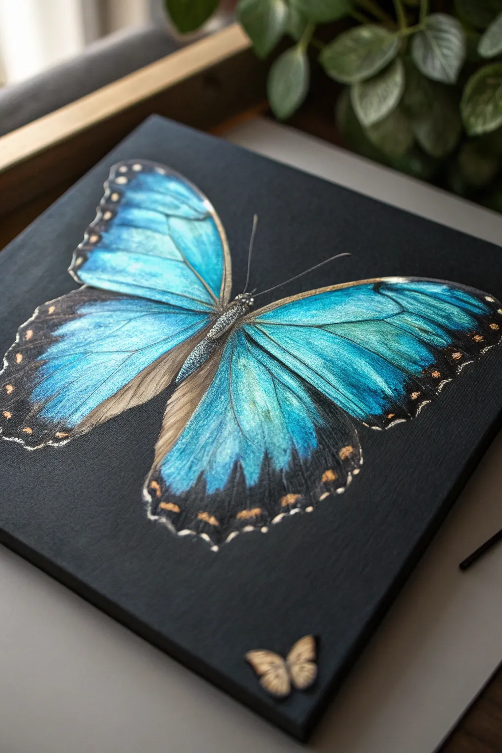 Blue morpho butterfly art with iridescent turquoise-to-navy blends on a deep dark backdrop