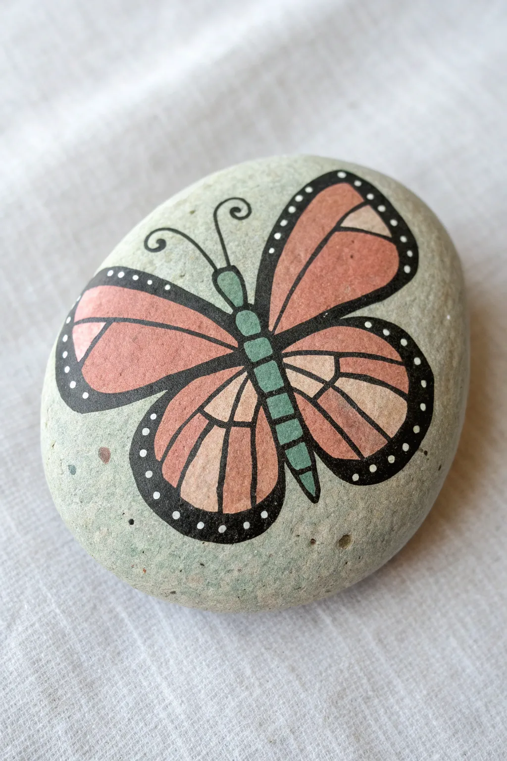 Beginner-friendly butterfly rock with bold black outline and simple color blocks in calm tones
