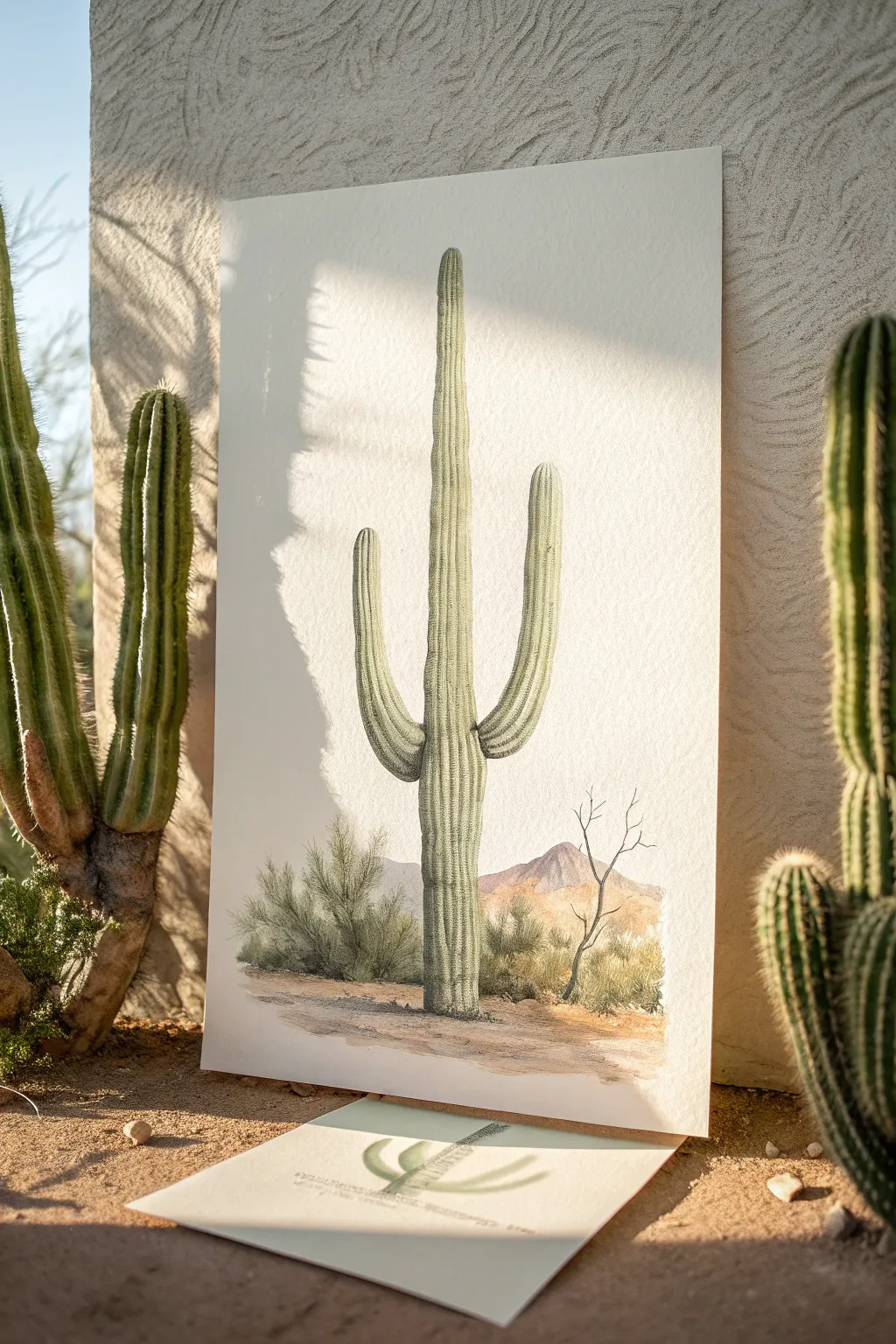 Classic saguaro with two arms, clean ribs and a soft shadow for a grounded minimalist look