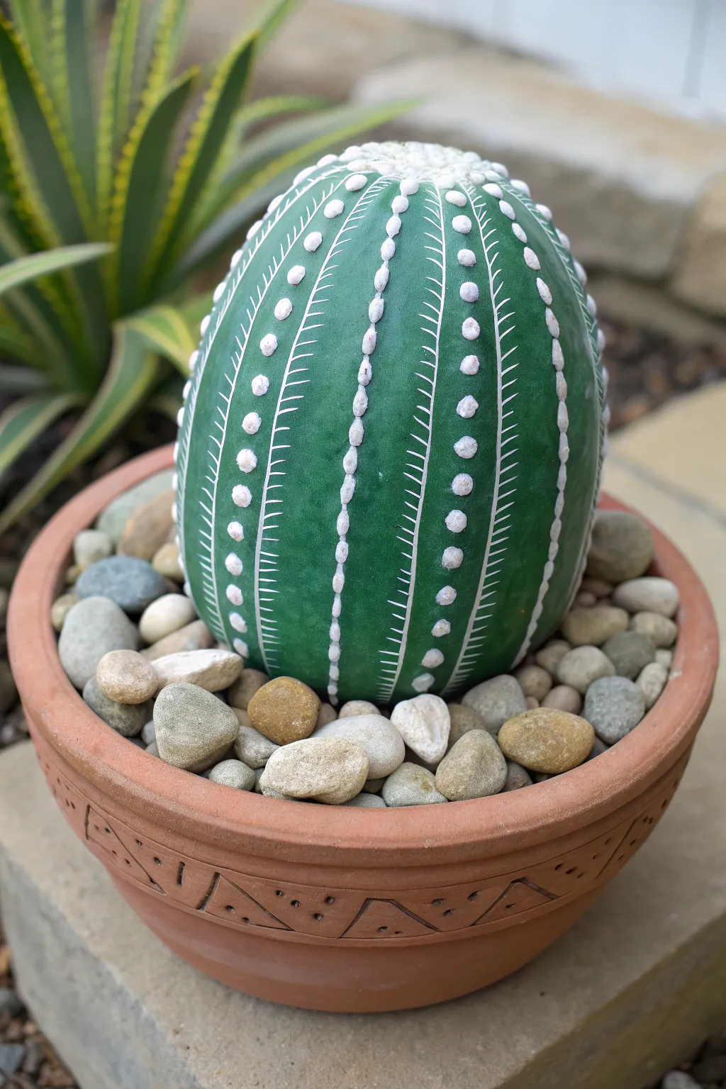 Barrel cactus rock with crisp vertical ribs, minimalist boho styling and soothing contrast