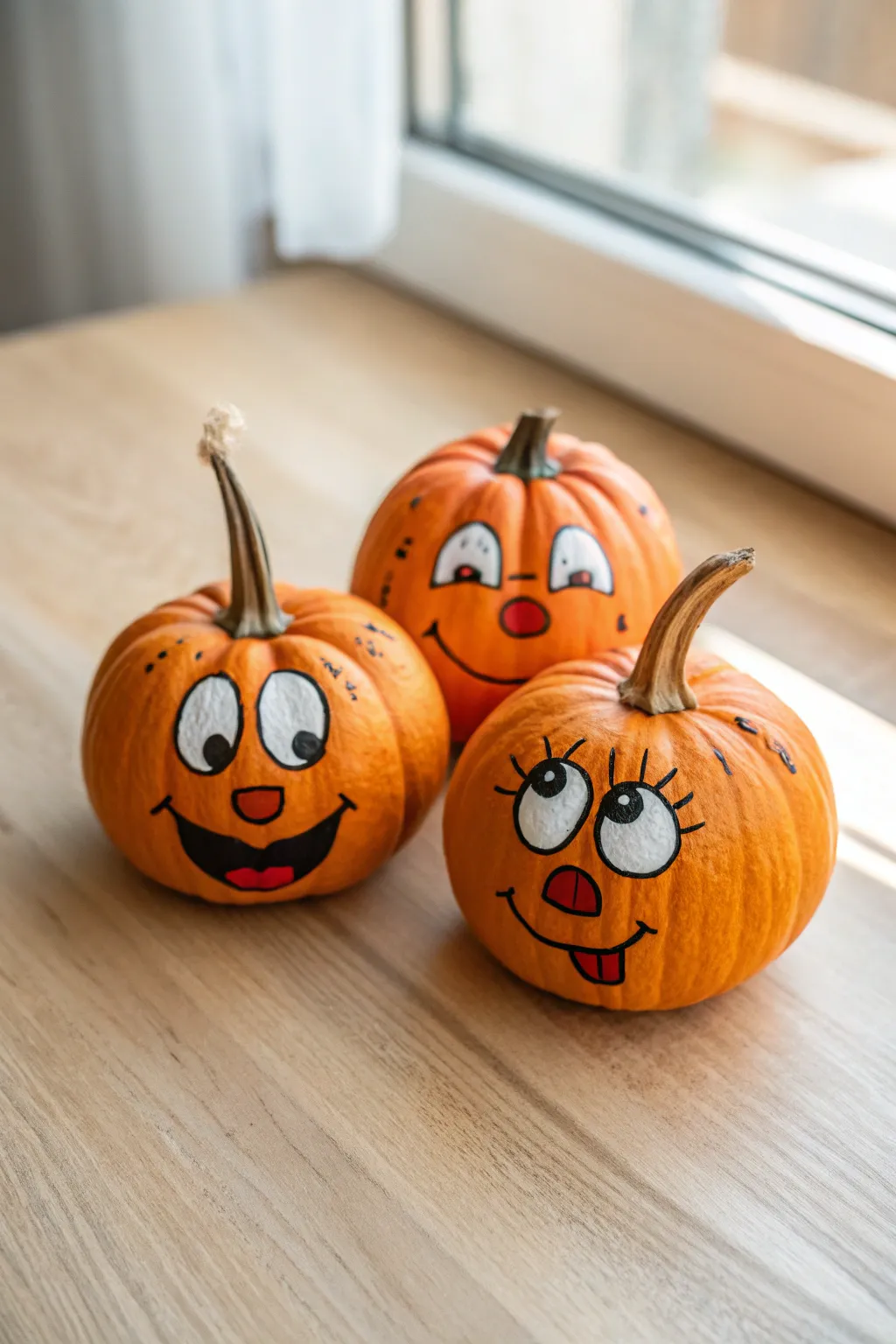 Tres calabazas pintadas con caritas graciosas, ideales para una decoración divertida y minimalista.