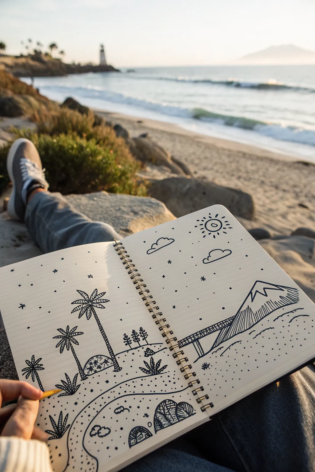 California silhouette filled with tiny doodles, minimalist boho sketch for easy drawing practice.