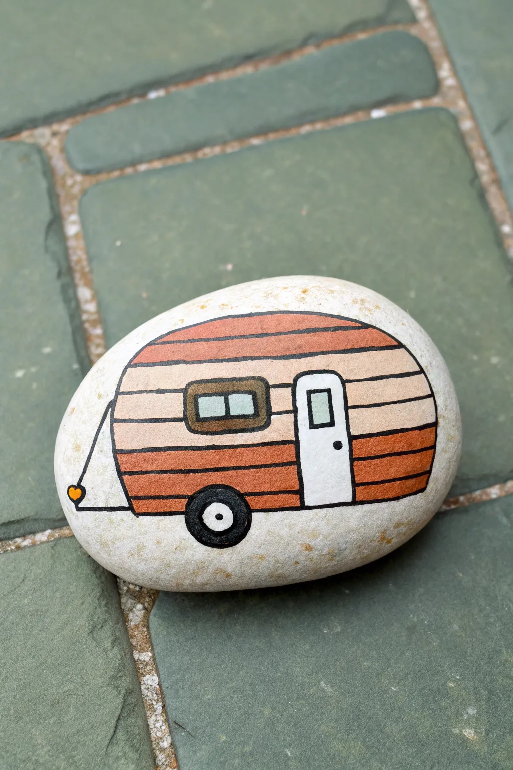 Bold striped camper rock art with clean lines, minimalist charm, and a warm boho palette.
