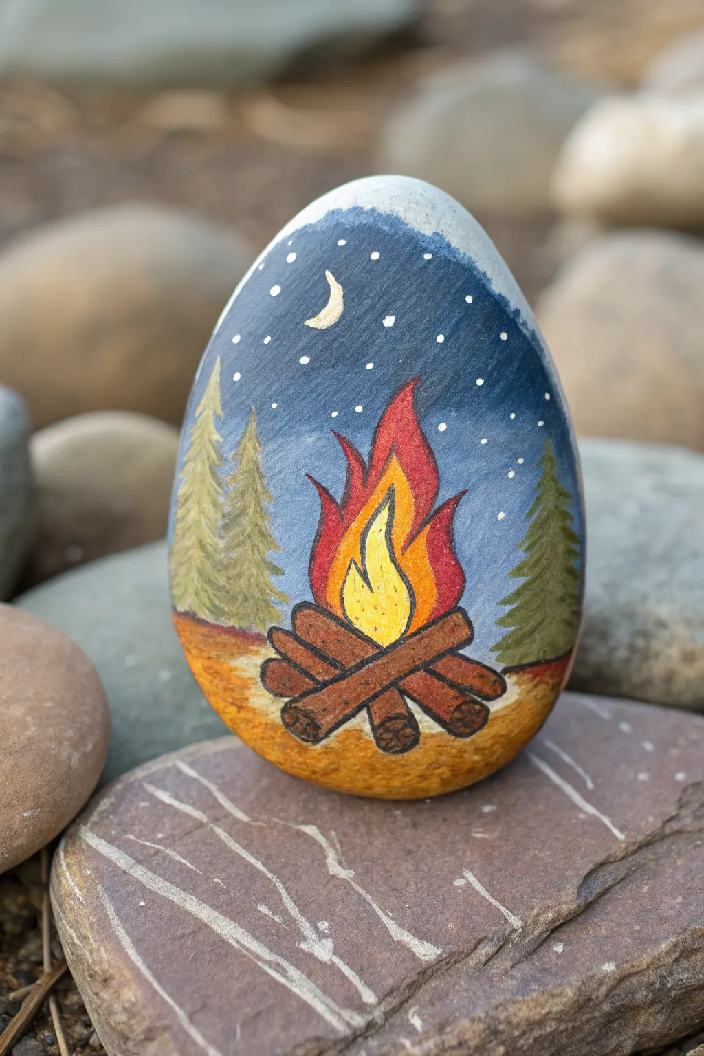 Cozy campfire painted rock with glowing flame, minimalist boho vibes for your next camping craft