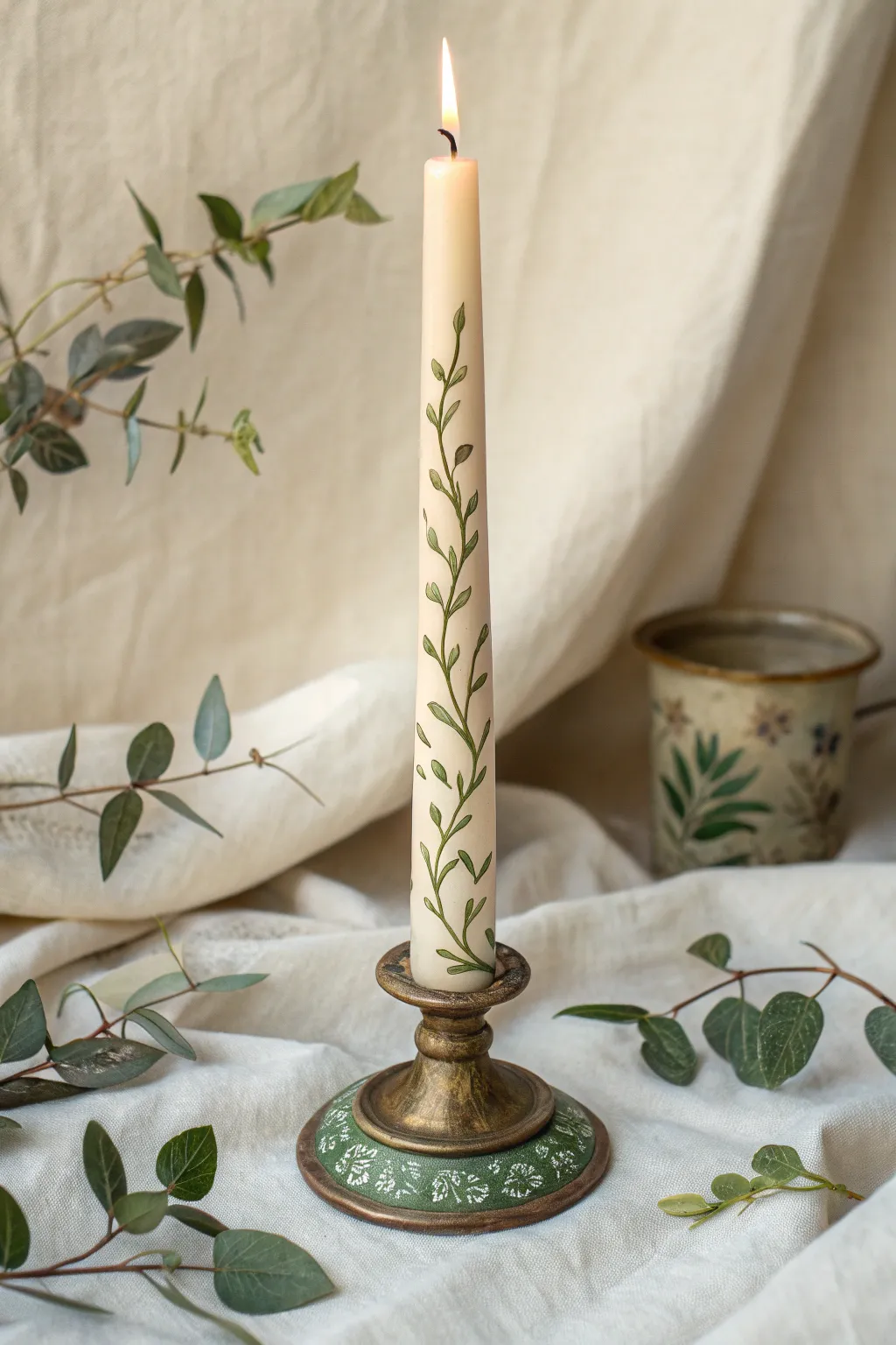 Bring nature inside with this delicate hand-painted climbing vine candle design.