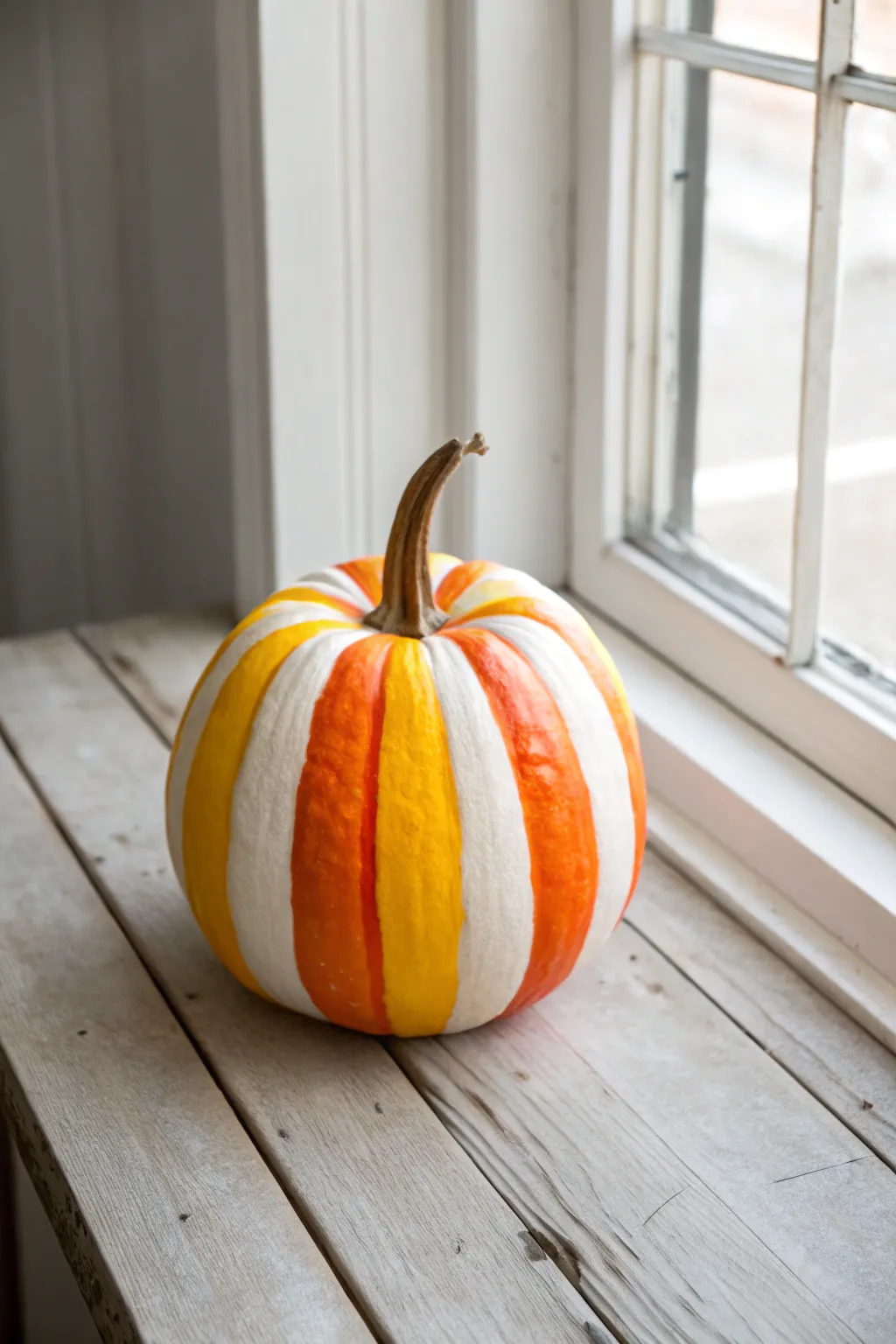 Minimal candy corn striped pumpkin with clean vertical bands in white, orange, and yellow