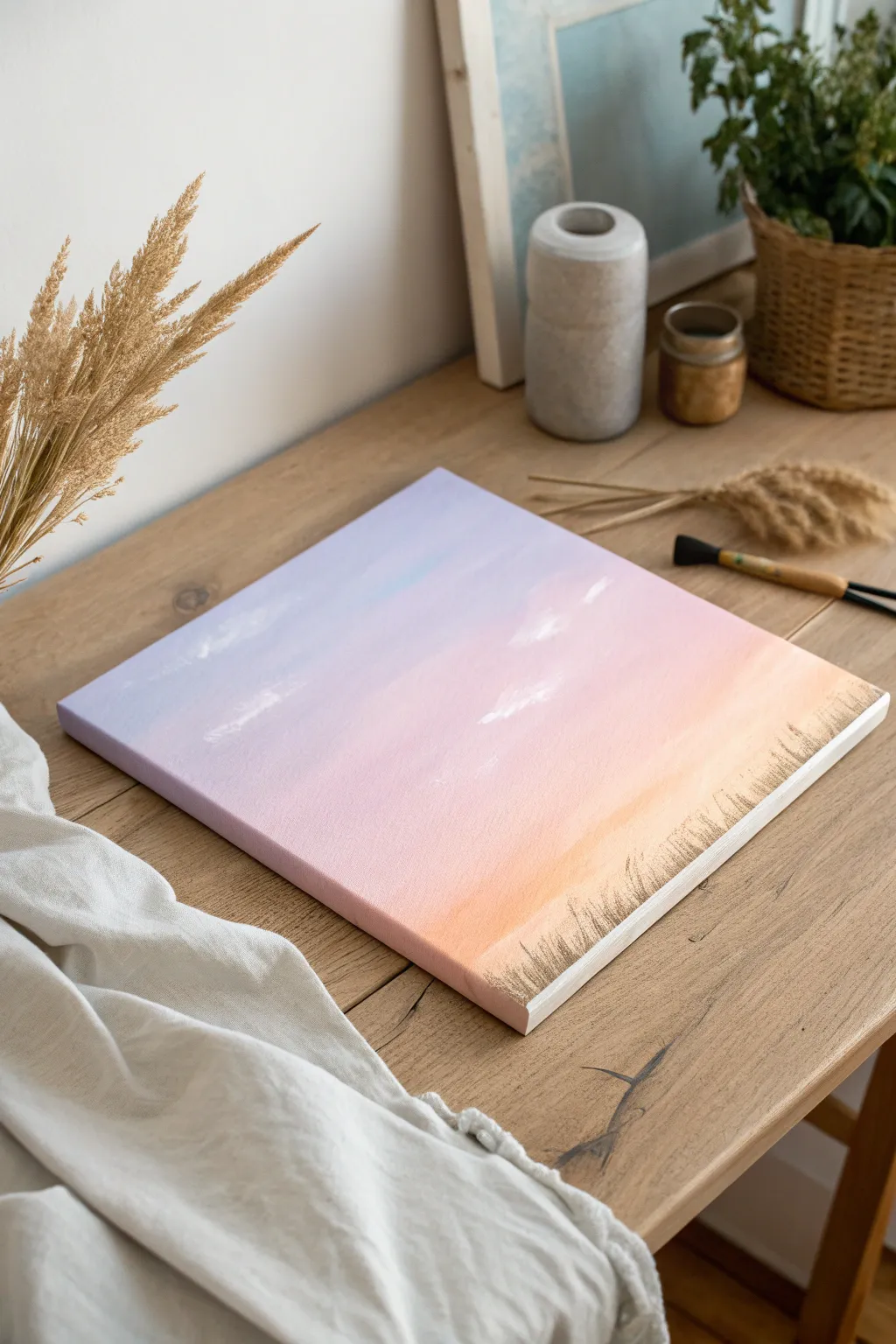 Soft peach-to-lavender sky blend on canvas, a calm minimalist background with handmade texture.