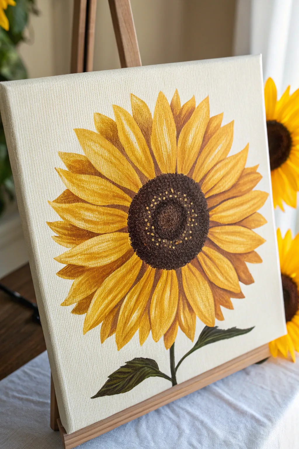 Bold sunflower canvas with a raised dotted center and radiant petals against a clean neutral backdrop