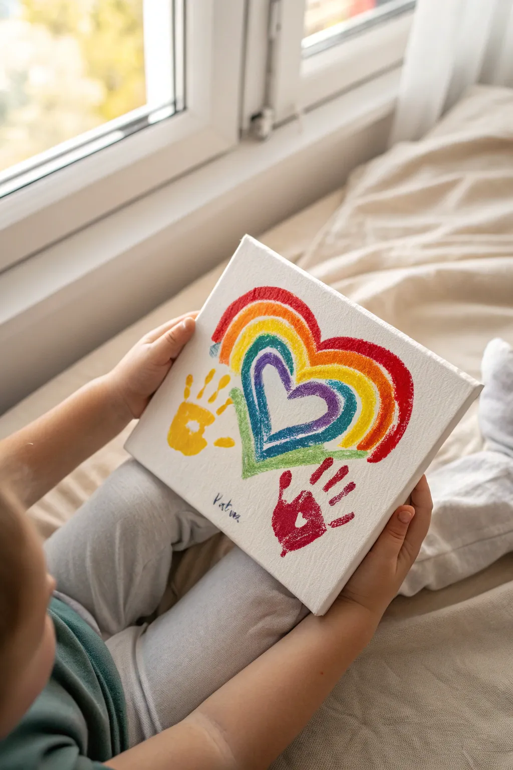 Handprint rainbow heart canvas: a joyful kids art idea with bright glossy paint and clean styling.