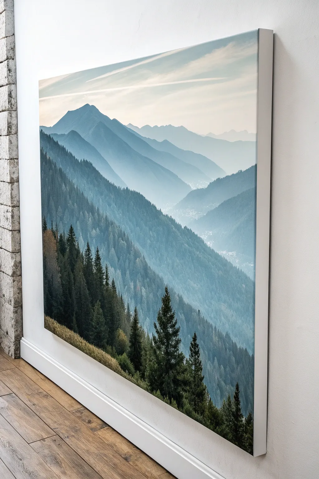 Minimal layered mountain silhouettes in cool tones, misty depth, and clean Scandinavian calm.