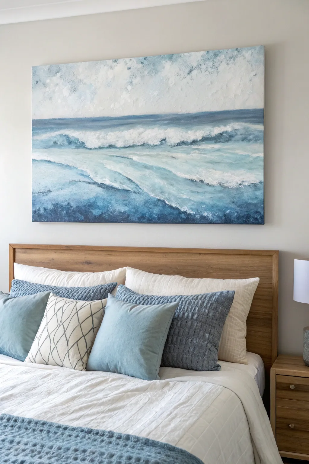 Calm abstract waves in layered bedroom blues, styled simply above the bed for a serene mood