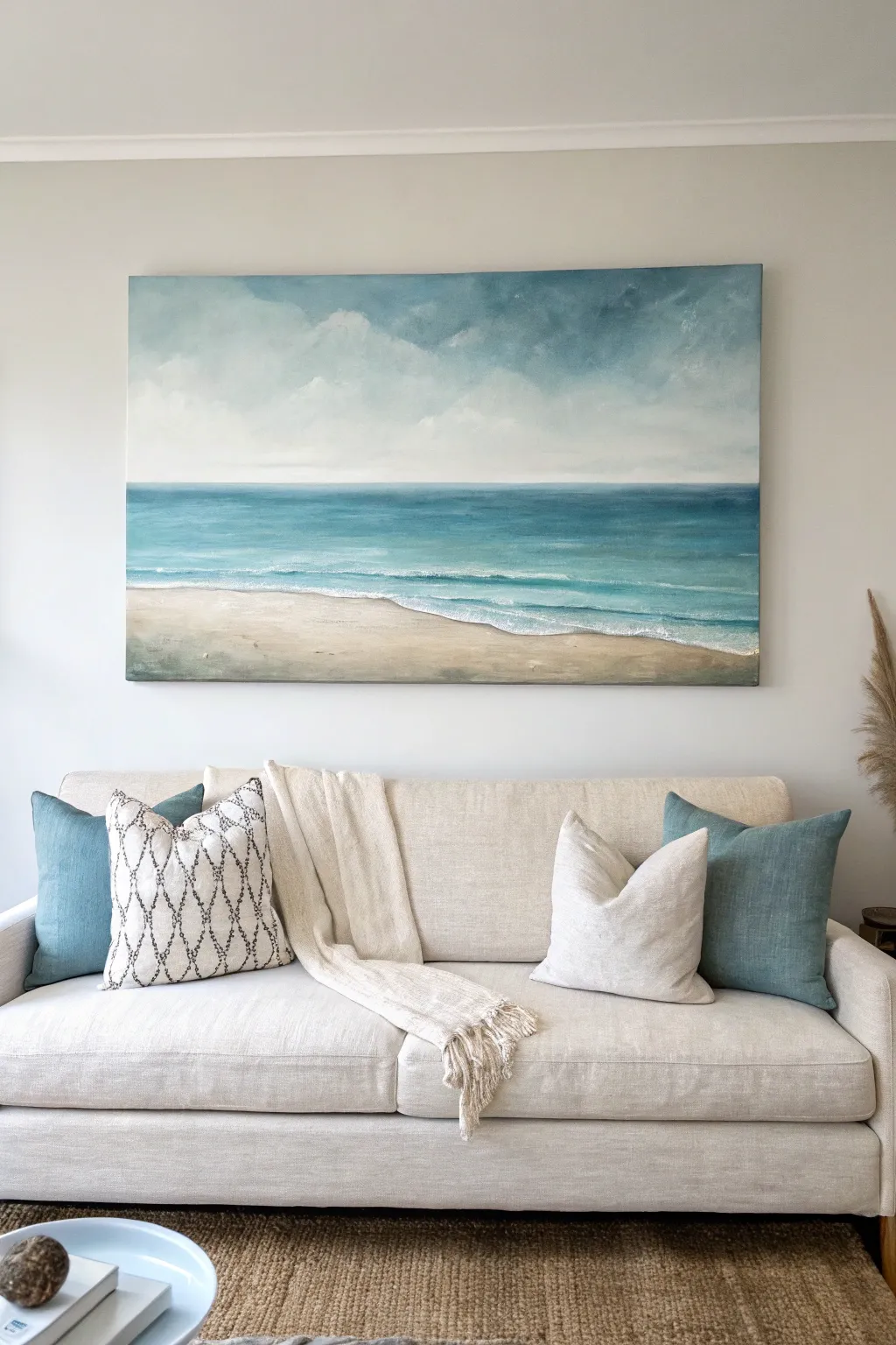 Soft coastal horizon canvas above the sofa, misty blues and sand tones for instant calm.