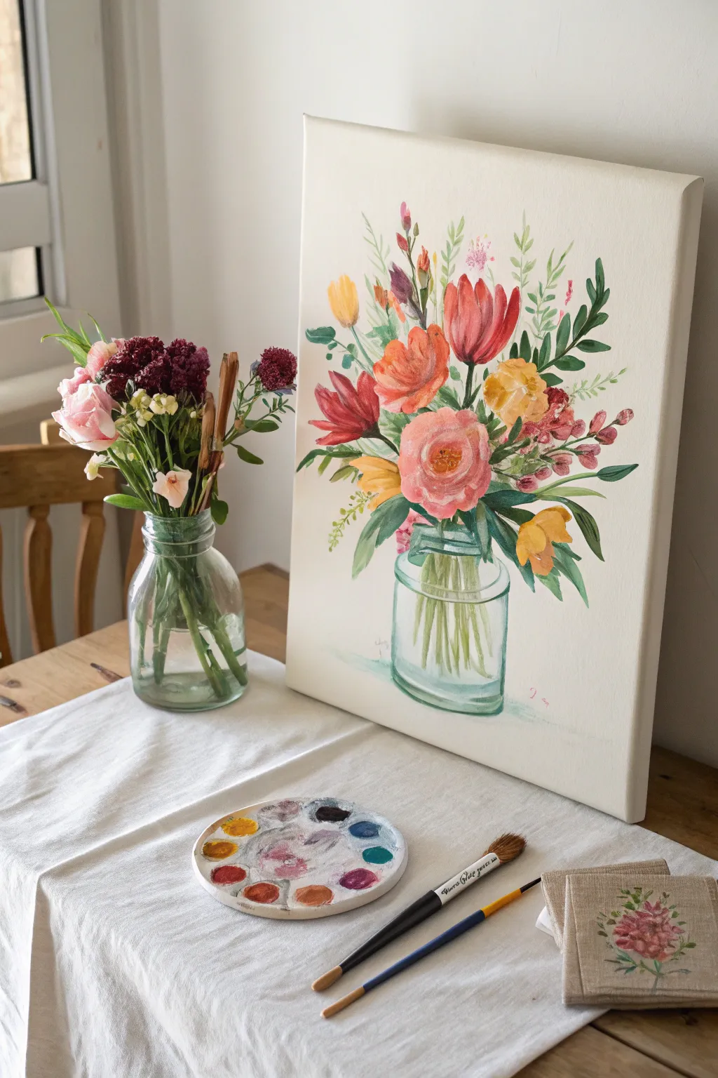 Bright floral bouquet canvas idea for a cheerful painting party, simple strokes and spring colors.