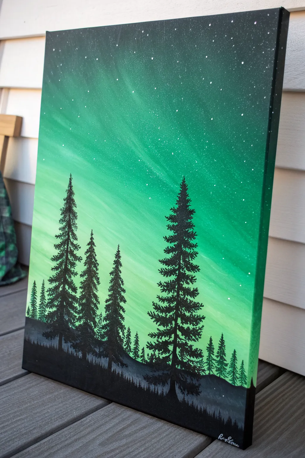 Minimal pine tree line against a glowing green sky, a calm modern canvas background idea