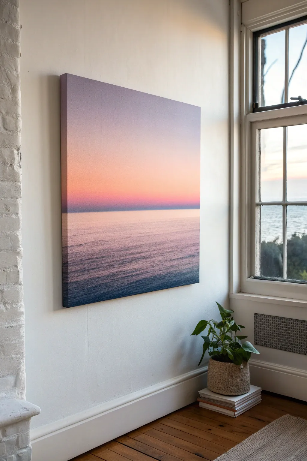 Sunset gradient sky canvas idea: soft pinks to deep blues with a calm dark horizon.