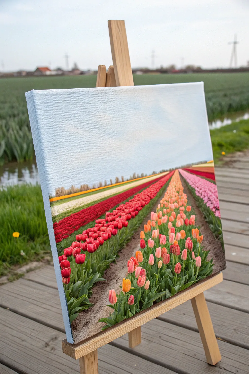 Straight-on tulip field canvas with vivid spring greens and bright blooms, minimalist boho style