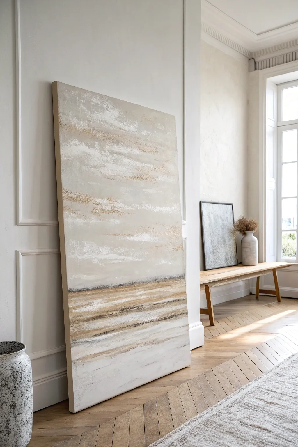 Neutral abstract canvas with creamy layers and visible brushwork for a calm, minimalist wall.