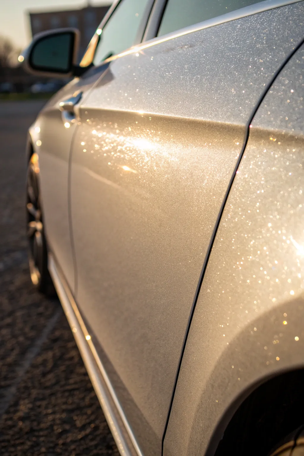 Metallic flake paint that glitters as the light moves, a luxe yet minimal car finish idea.