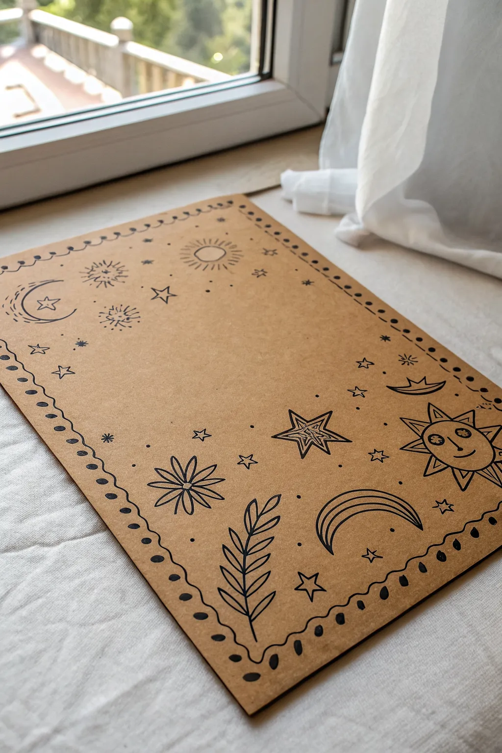 Minimal black line doodles on warm brown cardboard, Scandinavian boho craft inspiration