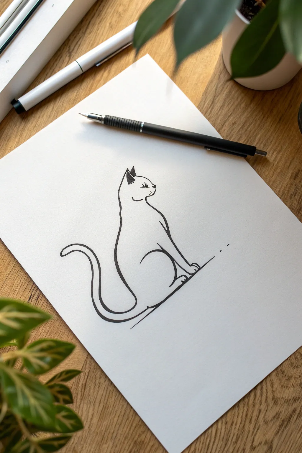 Minimal side-view sitting cat doodle, crisp ink lines on warm paper for a calm Nordic look