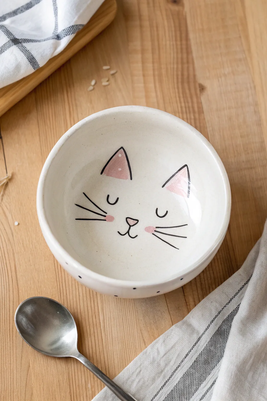Minimal cat-face bowl with whiskers and a tiny pink nose, styled simply for easy pottery painting