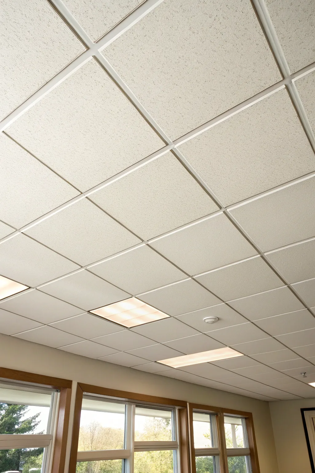 Warm white ceiling tiles with subtle warmth create an airy, cozy look without glare.