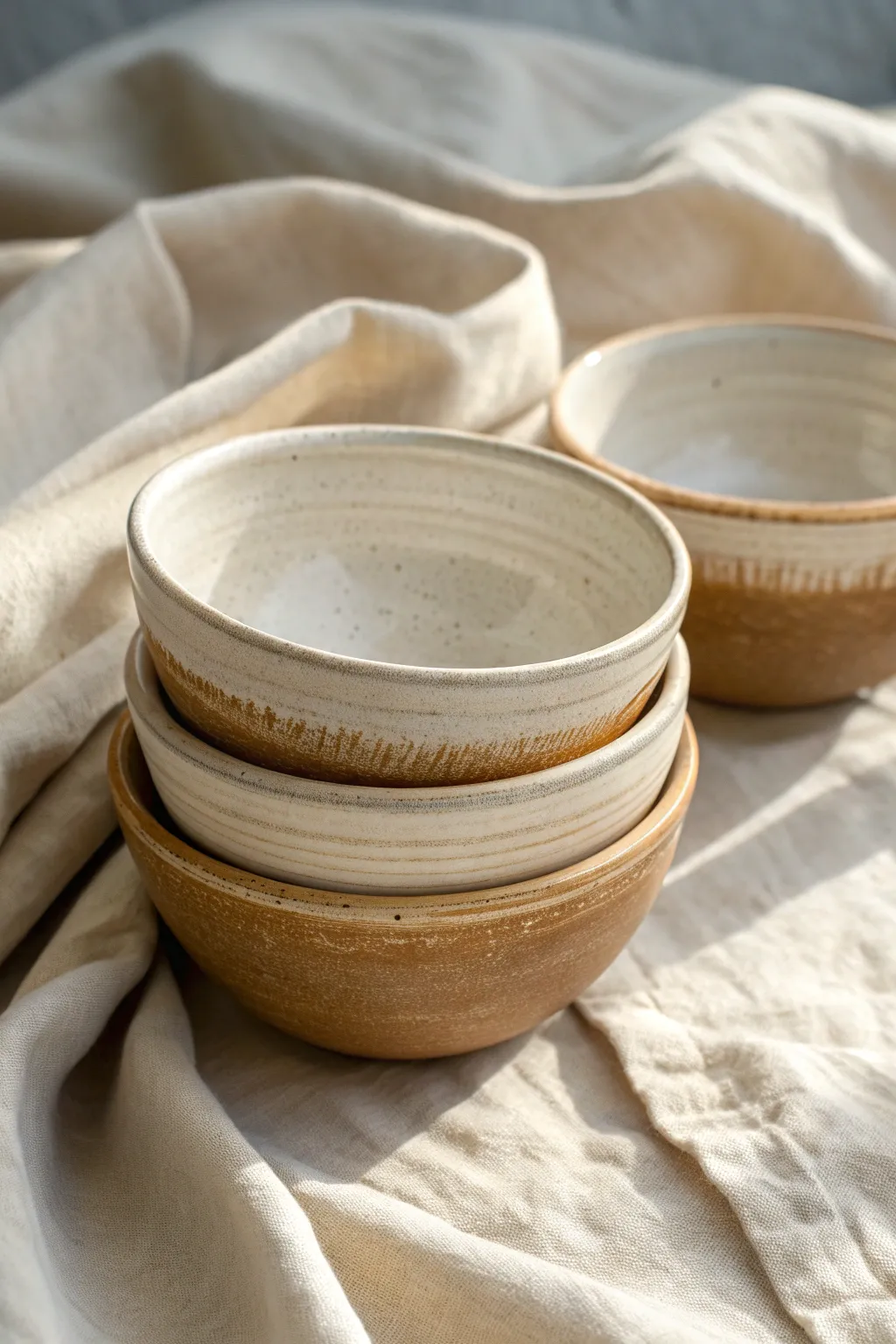 Nested pinch-pot bowls with crisp dipped glaze lines on neutral linen, minimalist and boho calm