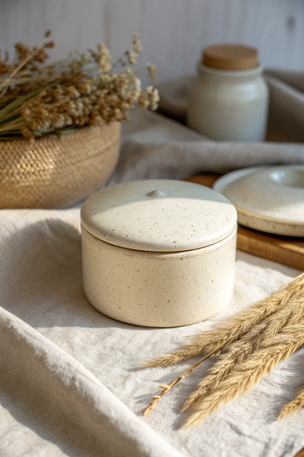 Soft-edged ceramic box with rounded corners, lid set aside for a clean minimalist look.