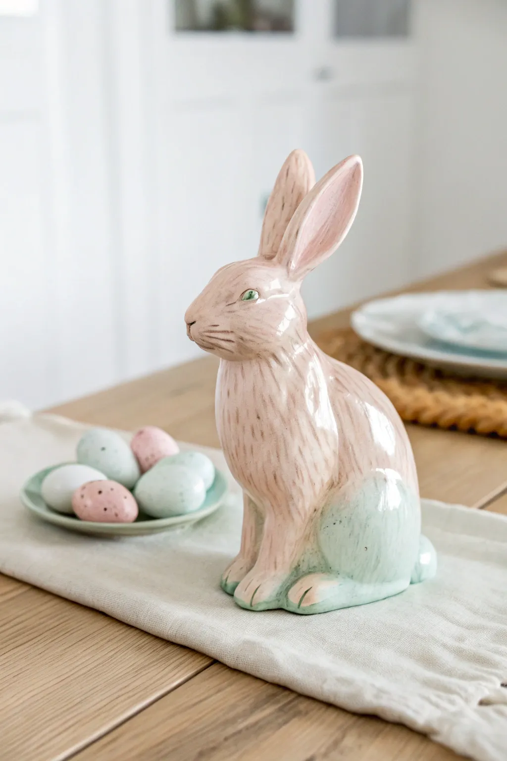 Soft pastel ceramic bunny with gentle shading, styled for a minimal Scandinavian spring mood
