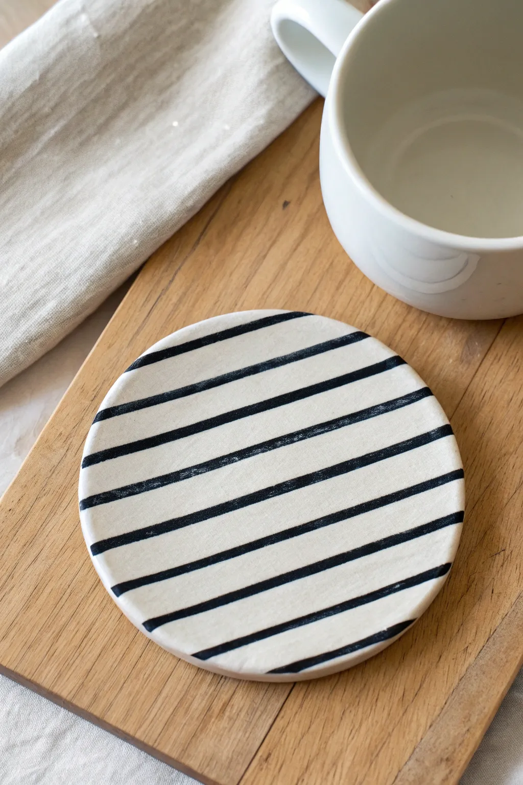 Crisp black-and-white stripes on a handmade ceramic coaster, minimal and timeless for your table.