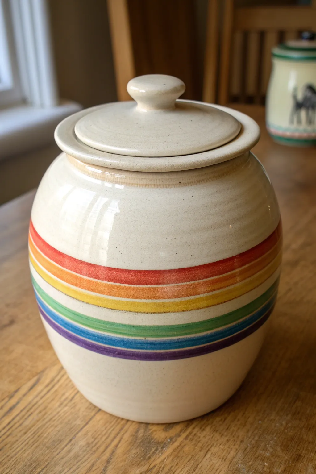 Simple rainbow stripes on a handmade ceramic cookie jar for a clean, modern-boho kitchen accent.