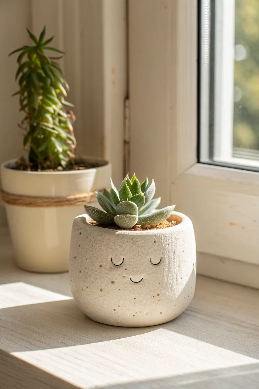 Cute minimalist ceramic face planter with a tiny succulent, sunlit and cozy on a sill.