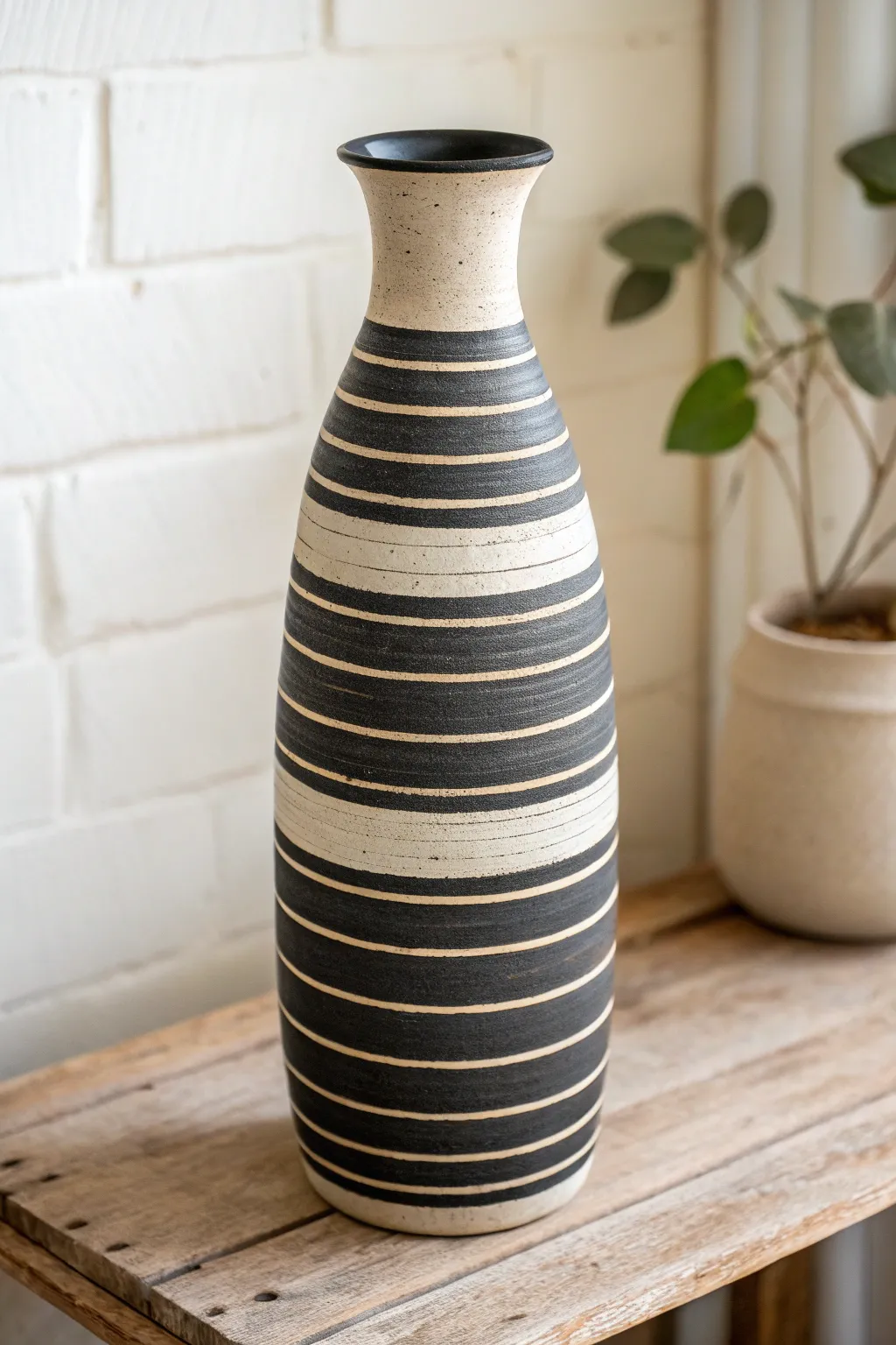 Classic mixed-width stripes turn a simple ceramic vase into a bold, modern handmade statement.