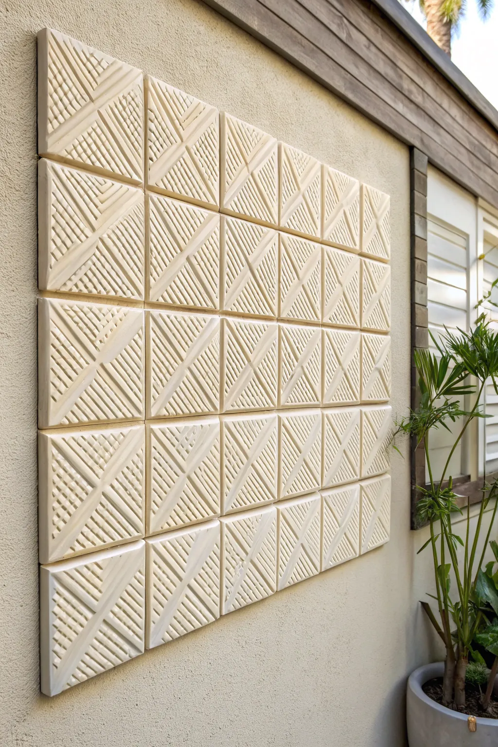 Monochrome relief tile grid with repeating texture, side-lit for crisp shadows and calm warmth.