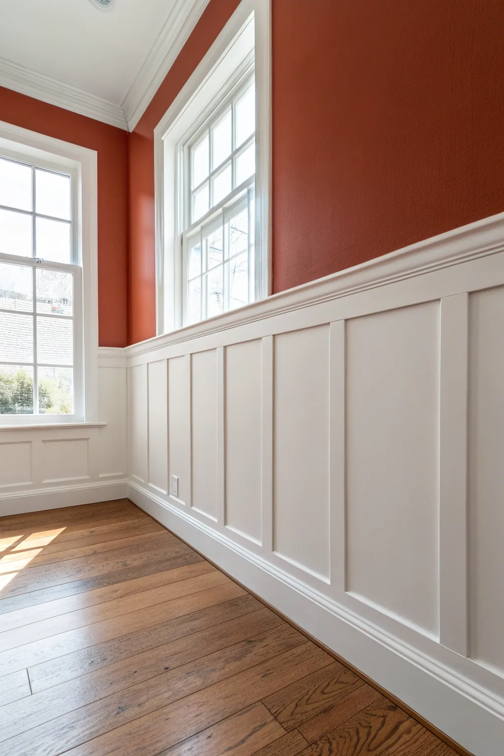 Crisp white below the chair rail with a bold clay tone above for clean, modern contrast