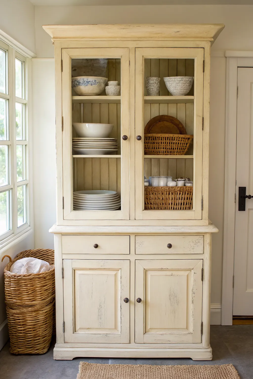 Soft cream chalk-painted china cabinet with warm linens and off-white dishes for cozy vintage charm