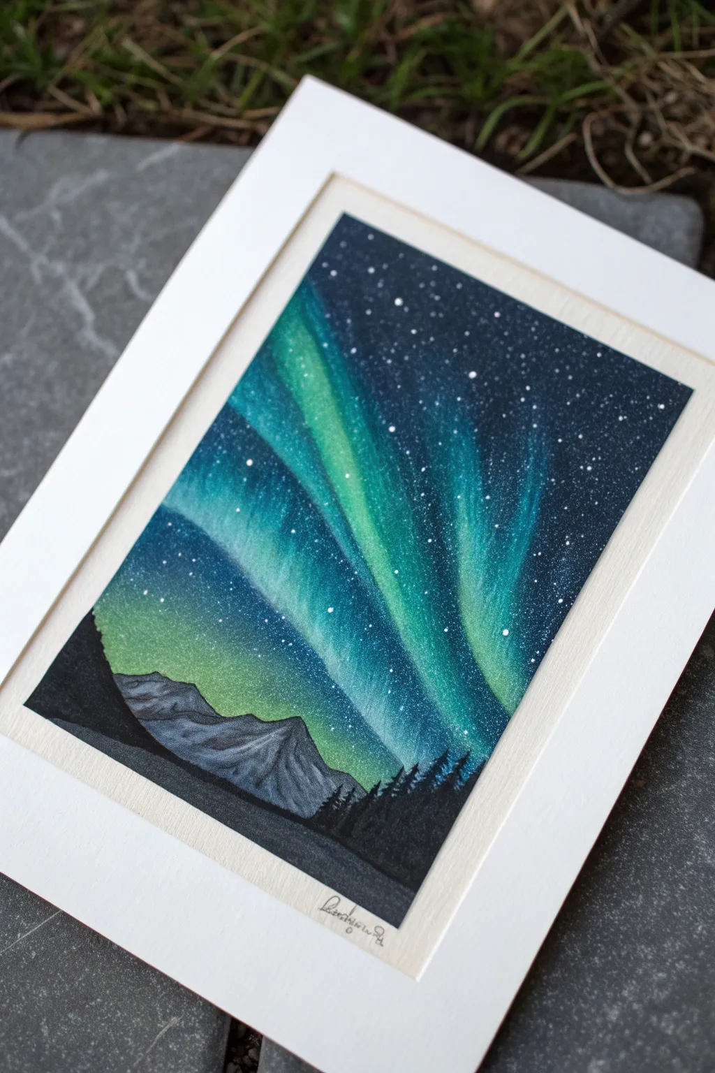 Chalk pastel northern lights study with glowing teal aurora, crisp stars, and minimalist mountains