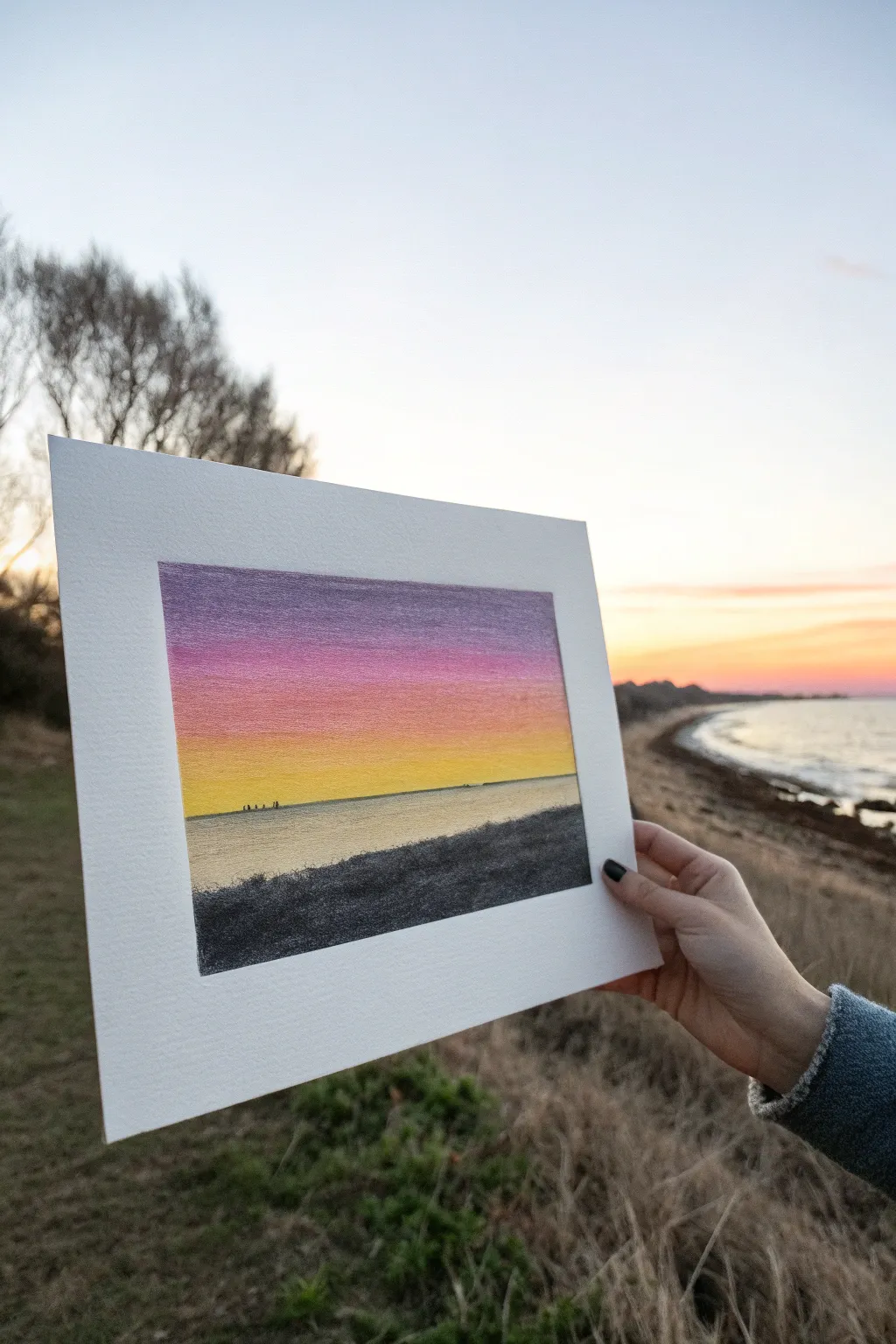 Simple sunset gradient chalk pastel landscape with a crisp horizon and soft finger blending