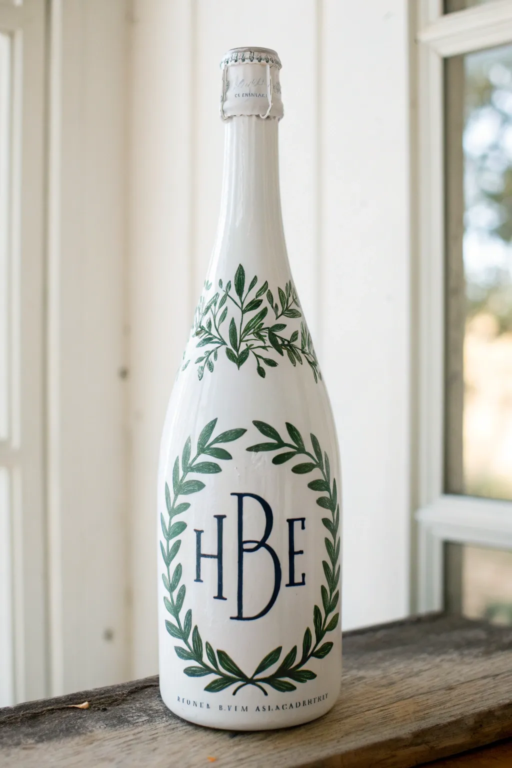 Minimalist champagne bottle art with a leafy painted wreath and a bold monogram-style centerpiece