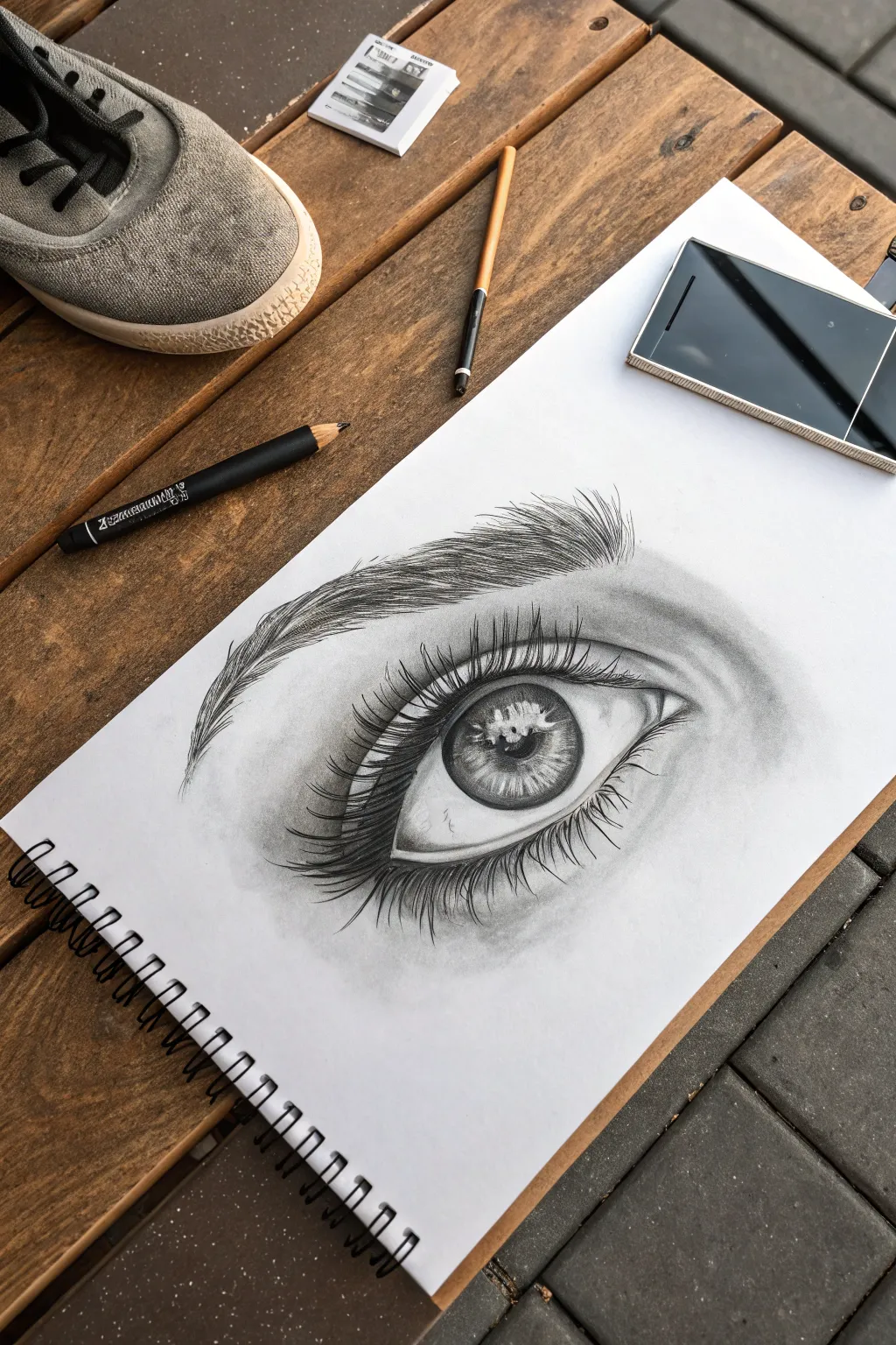 Realistic charcoal eye value study with a bright highlight, deep lashes, and smooth shading.