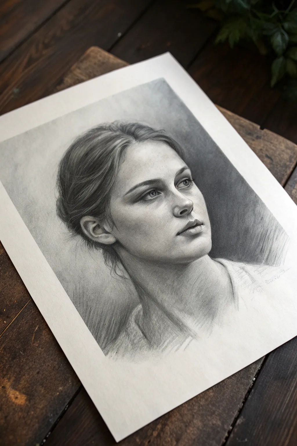 Softly blended charcoal portrait on crisp paper, framed by a dark smoky background.