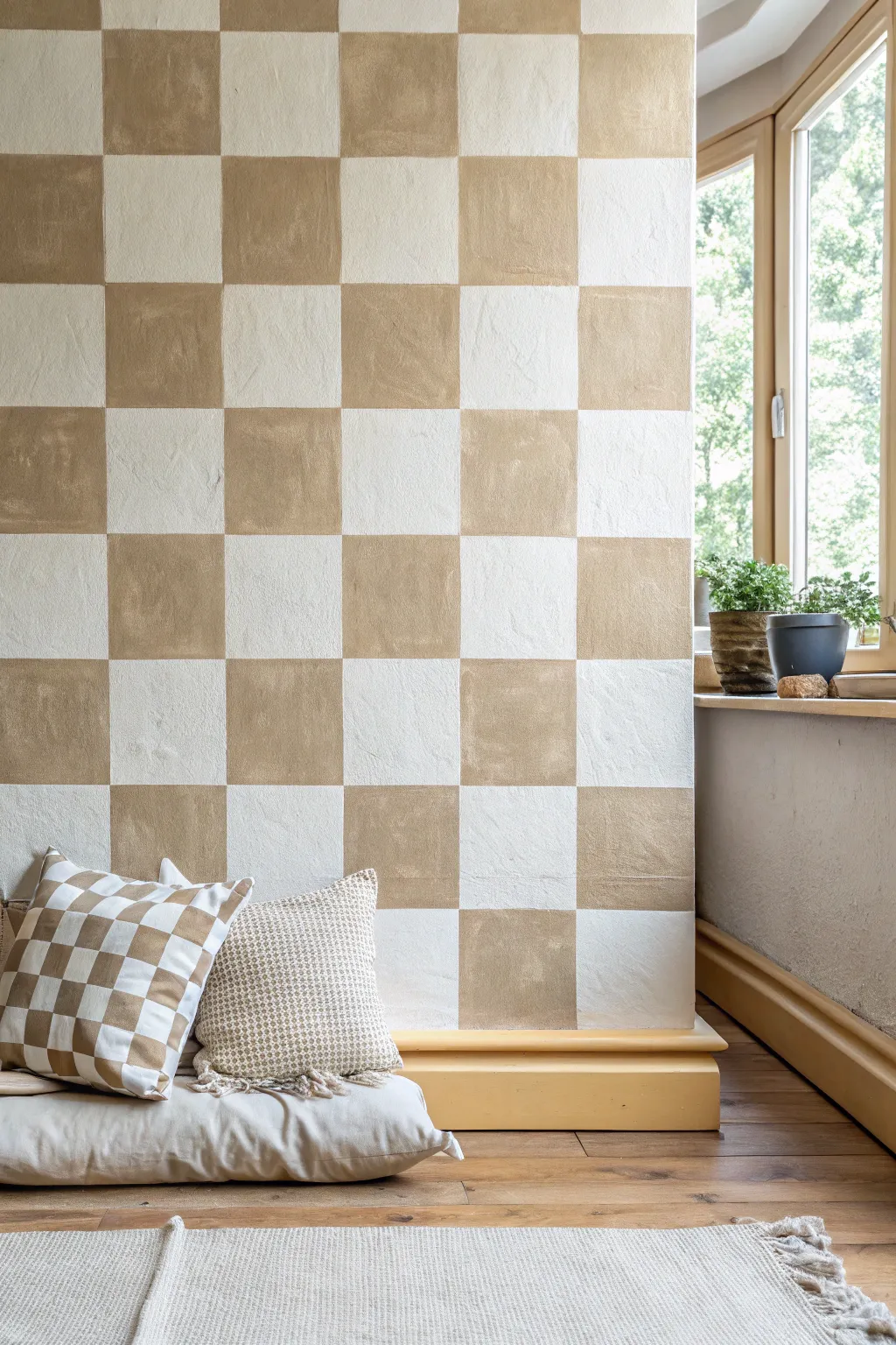 Soft neutral checkerboard wall block for a calm, modern corner with a hint of boho warmth