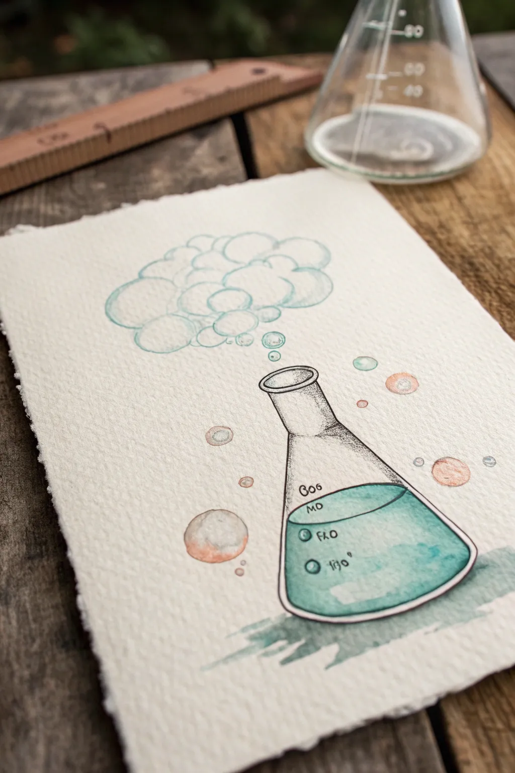 Paint a bubbling flask burst with soft boho color clouds on a clean minimalist background