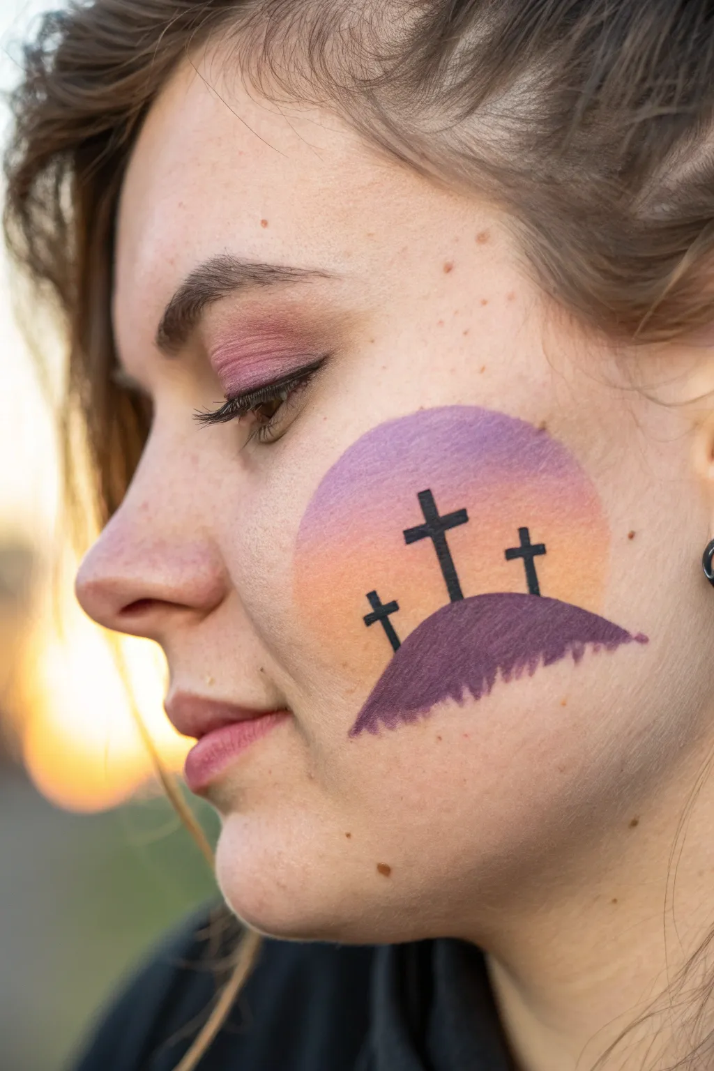 Three crosses on a hill cheek design with a warm sunset gradient, simple and meaningful