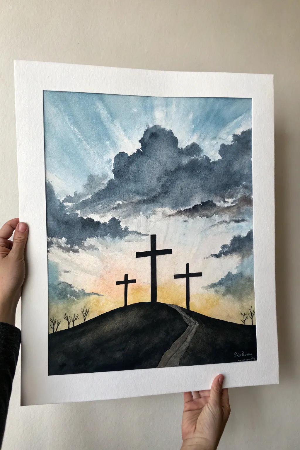 Minimal Calvary silhouette: three crosses on a hill with dramatic light for bold Christian art