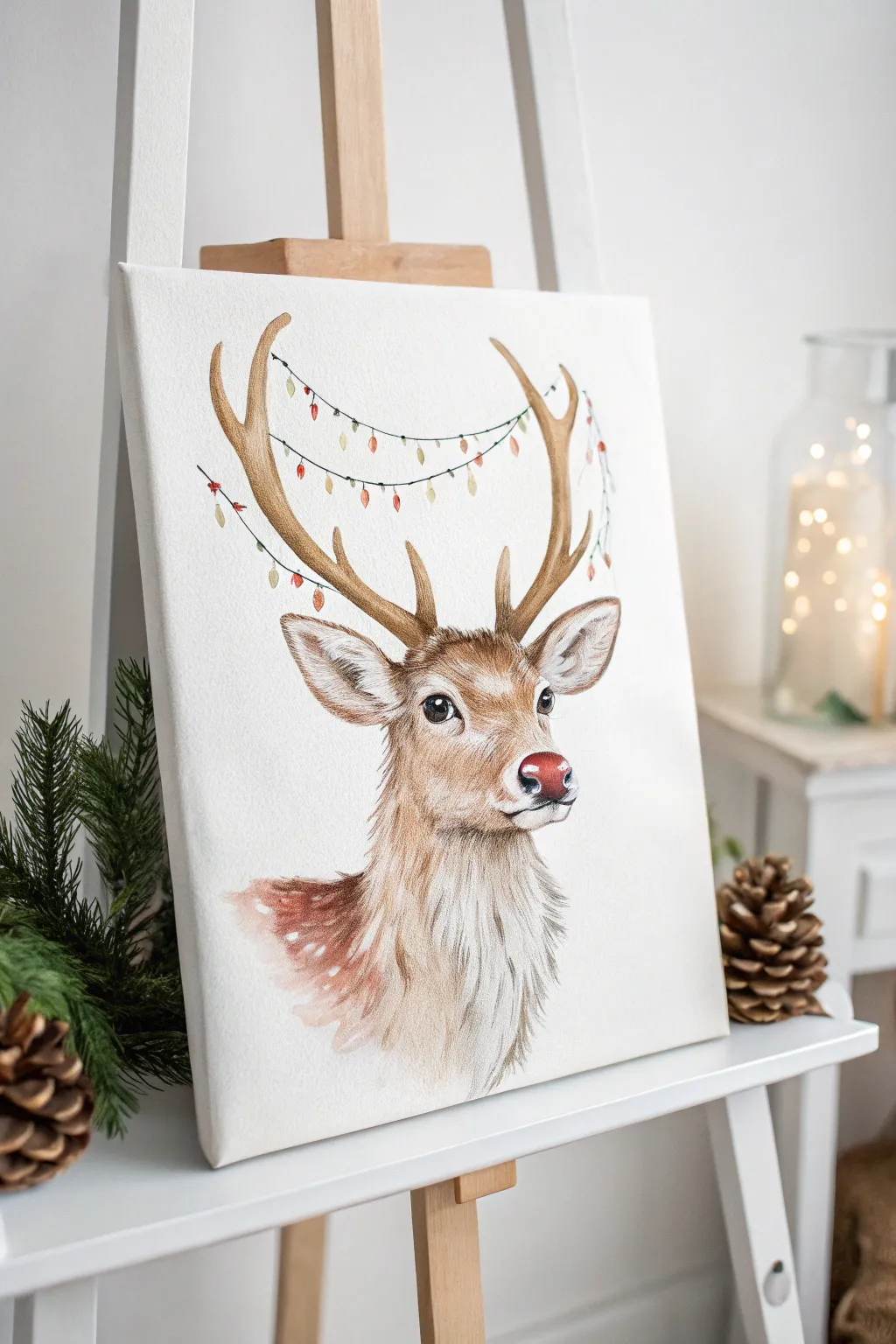 Capture the holiday spirit with this adorable and minimalist red-nosed reindeer canvas art.
