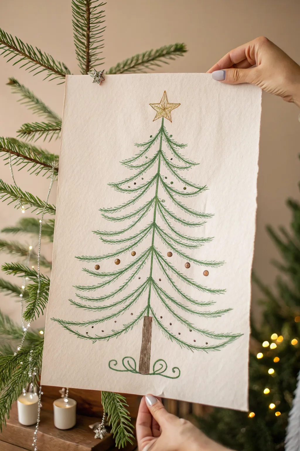 Layered branch Christmas tree drawing idea, minimalist yet festive with star, garland, ornaments.