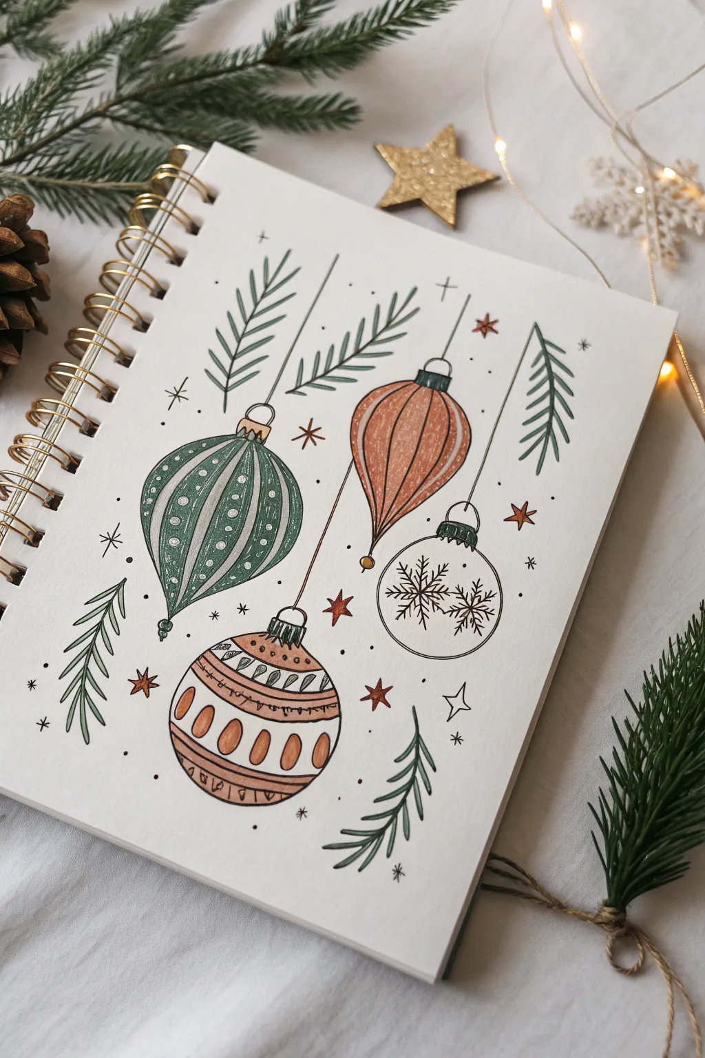 Minimal Christmas ornament doodles with simple shine lines, bold fills, and cozy Nordic calm