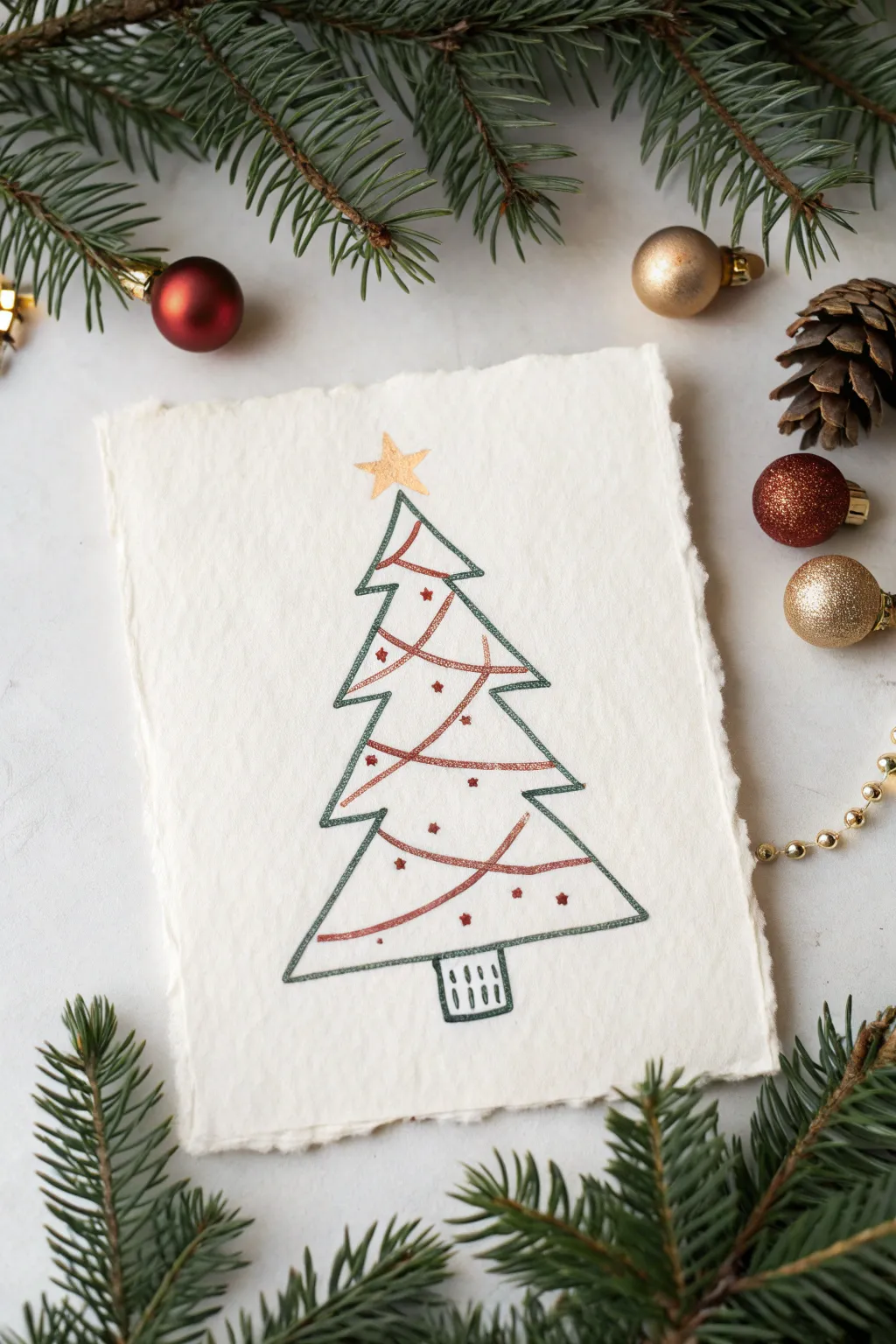 Easy triangle-stack Christmas tree drawing: minimalist, cozy, and perfect for quick festive sketches.