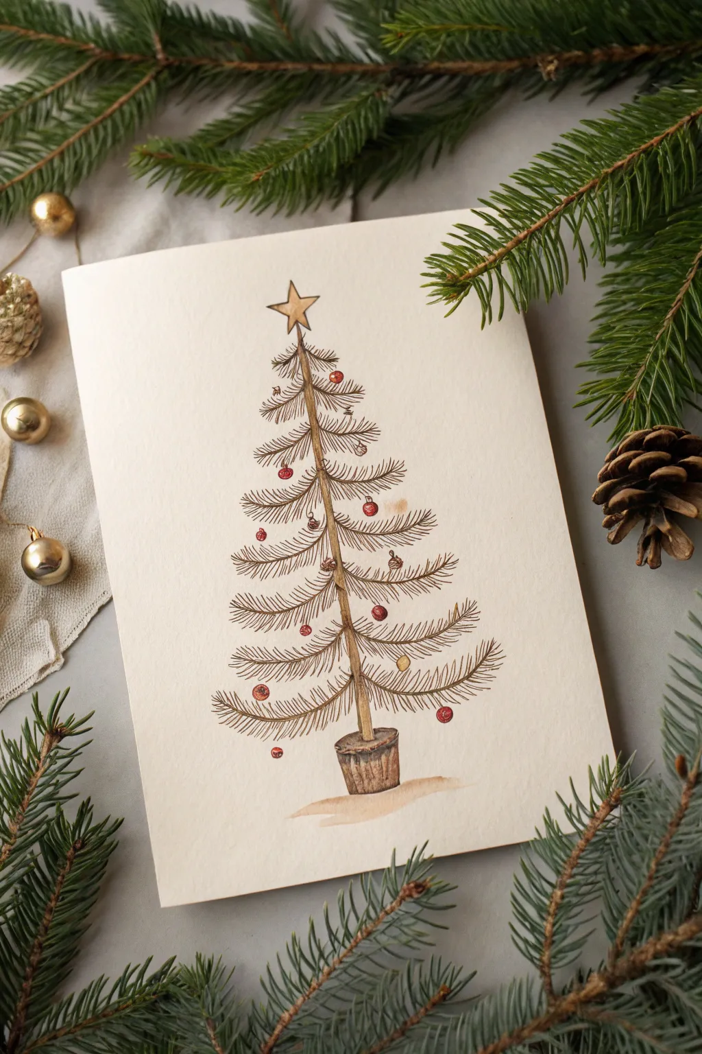 Classic layered Christmas tree sketch in warm vintage tones, simple, cozy, and elegant.